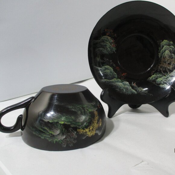 23 Piece Vintage Asian Chinese Black Lacquerware Tea Set Tray Cups Pot Oriental - Picture 10 of 16